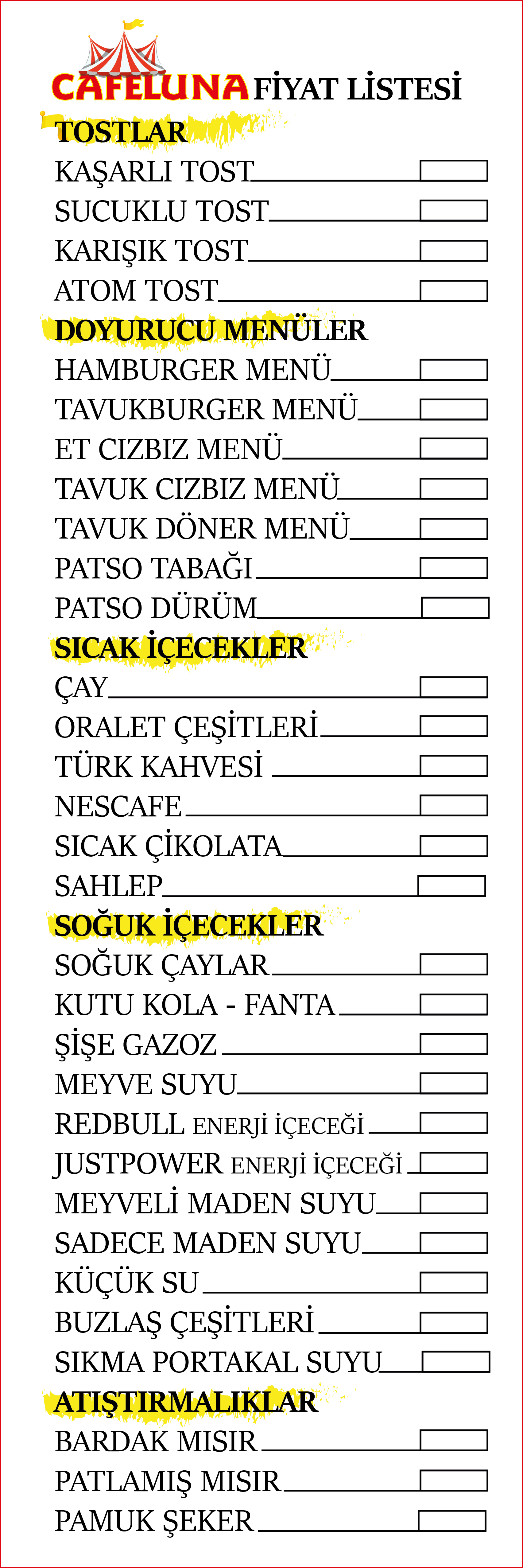 Cafe Luna Fiyat Listesi